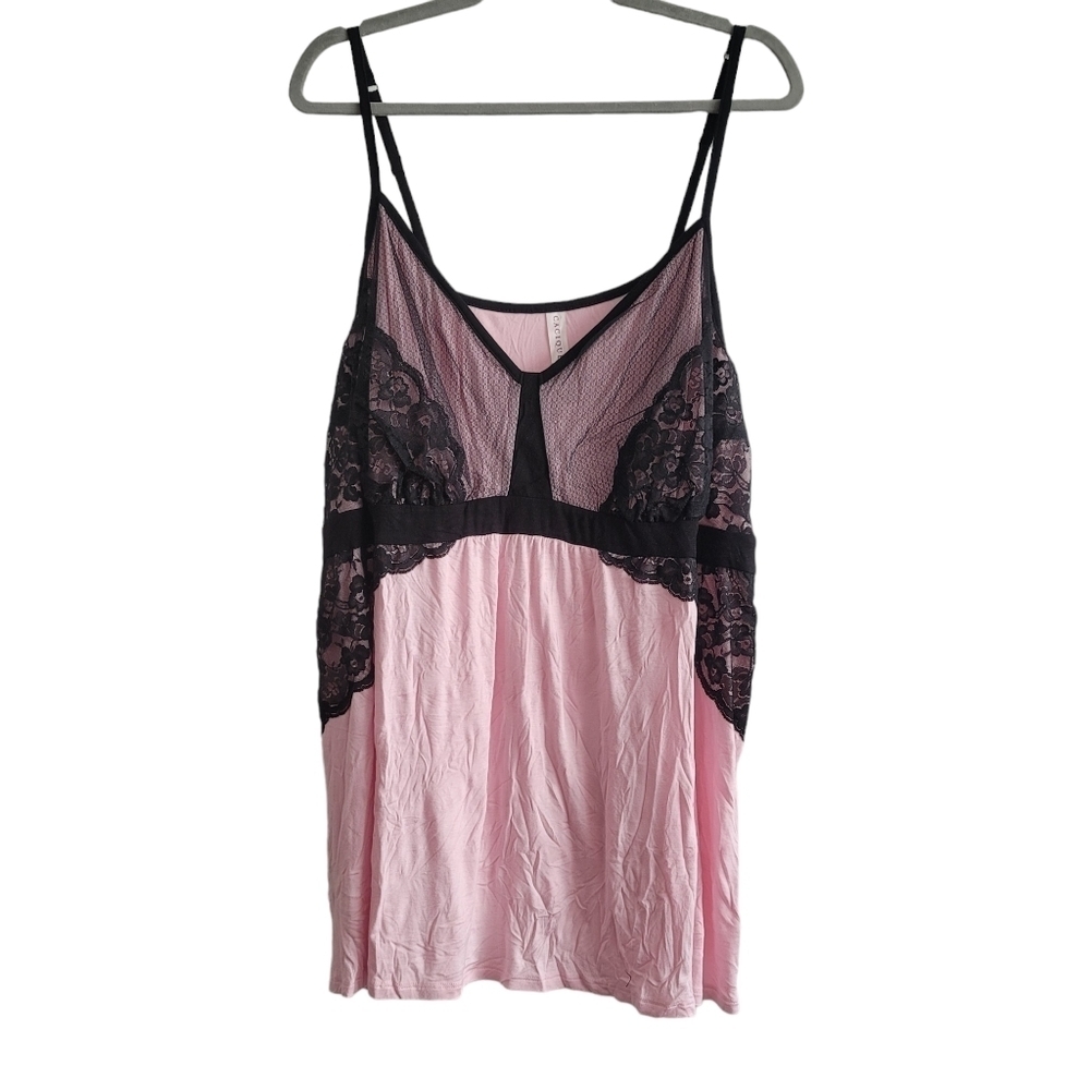 NEW Cacique 26/28 Pink Black Lace Tank Top Night Shirt‎